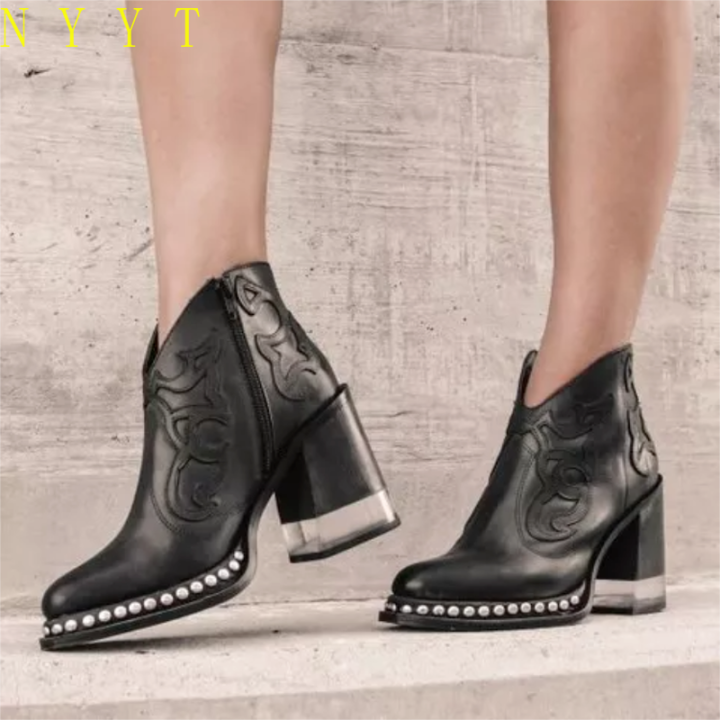รองเท้าบูทหุ้มข้อ2022สำหรับผู้หญิง-ใหม่2023รองเท้าส้นสูงผู้หญิงรองเท้าสตรีซิปด้านข้างตอกหมุดรองเท้าบูทหนังหุ้มข้อรองเท้าผู้หญิง