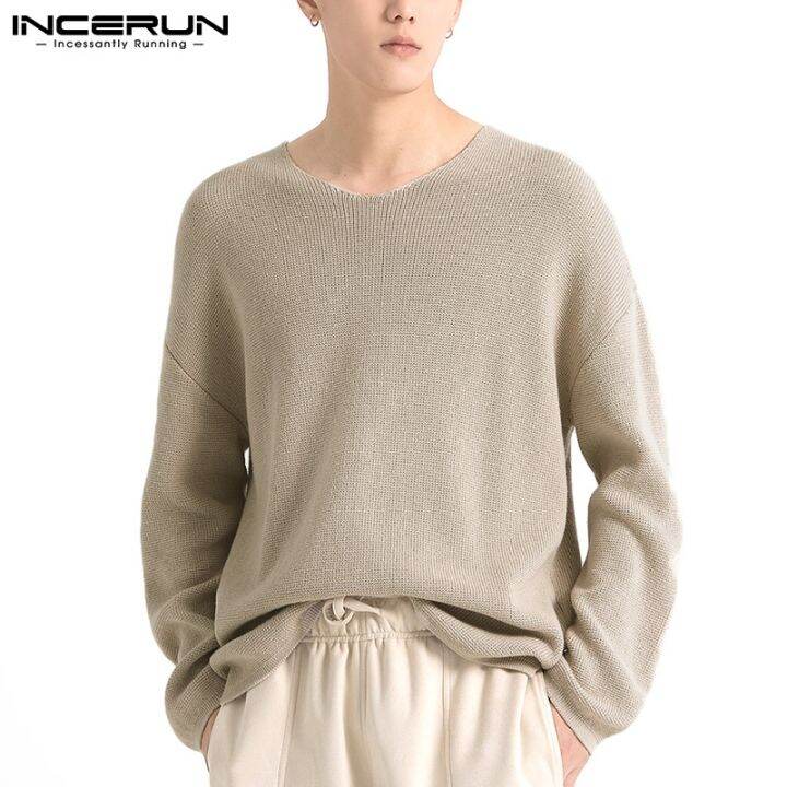 incerun-เสื้อท็อปคอกลมแขนยาวผ้าถักสีพื้นสําหรับผู้ชาย