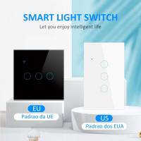 สวิตช์ฝาผนังฉลาด Wi-Fi ใหม่สหภาพยุโรปสหรัฐตุ๋ยพร้อมแผงกระจกสัมผัส Saklar Lampu Sensor ทำงานร่วมกับ Smartlife Alexa Google Home Alice ยานเดกซ์พลังงานสวิตซ์