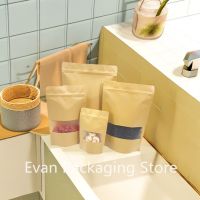 50 pieces kraft paper bag zipper lock brown with window stand up sealed ziplock bag candy tea coffee bean sugar packaged food Food Storage Dispensers