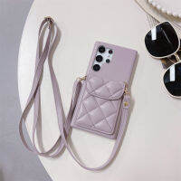 HTT ปลอกกันแดดสำหรับ S23 Samsung อัลตร้าเฟ S22พลัส A54 A52 A53 A24 A25เคสหนังกระเป๋าเงินลายตารางตาข่ายสายคล้องแบบคาดตัว