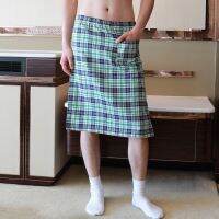 Mens Sexy Plaids Pajamas Shorts Breathable Side Split Towel Sleepwear Underwear Checks Sleeping Pants Skirt Bathrobe Nightdress