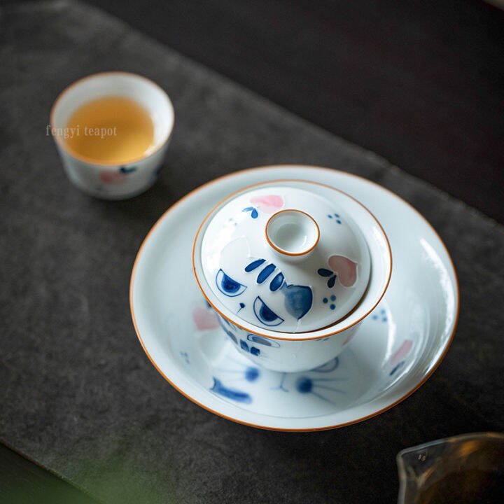 100มิลลิลิตรมือทาสี-gaiwan-สำหรับชา3สไตล์พอร์ซเลนขนาดเล็กหม้ออบที่มีฝาปิดแมว-t-eaware-กังฟูชุดน้ำชาน่ารักถ้วยพีชชาม-chawan