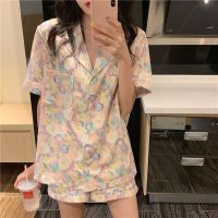 Floral Pyjamas Set Woman 2 Pieces Summer Pink Striped Sleepwear Girl Oversize Nightwear Sweet Pajamas Short Sleeve Pijamas Suits