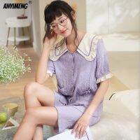 Womans Pajamas Sets Fresh Purple Nightwear Turn-down Collar Homsuits Summer Bubble Wrinkled Shorts Elegant Laple Girl Sleepwear