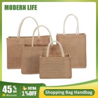 Tas Tote Burlap wanita dompet belanja Tote Linen tas tangan pantai musim panas besar tas belanja pegangan atas Eco portabel banyak ukuran