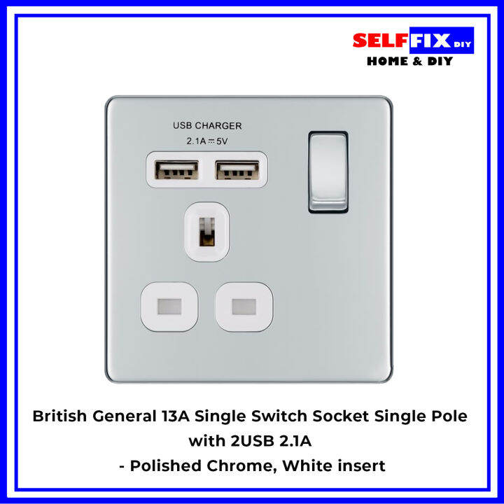 British General BG Flatplate 13A Electrical Single Switch Power Socket Outlet Single Pole with