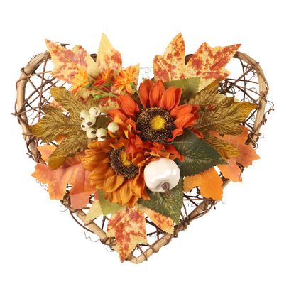 Artificial Sunflower Maple Wreath, Fall Wreath with Heart Shaped for Indoor Outdoor Front Door Wall Home Wedding Decor