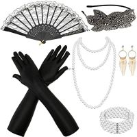 1920 flapper อุปกรณ์เครื่องแต่งกายรวมถึง beaded Leaf flapper headband ต่างหูสร้อยคอมุกสร้อยข้อมือ Fan flapper set