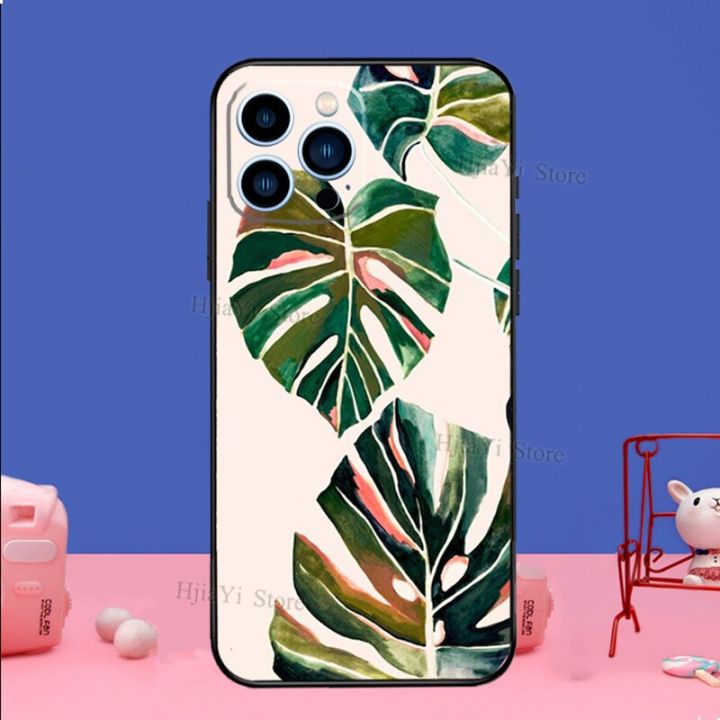 สินค้าใหม่มีในสต็อก-ทิ้งเคสโทรศัพท์สีเขียว-monstera-สำหรับ-iphone-11-12-13-14-pro-max-mini-x-xs-xr-7-8-plus-se2-funda-coque-capa-cover