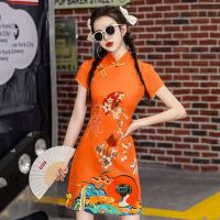 【LZ】☎  Cheongsam chique chinês para meninas jovens roupas tradicionais chinesas laranjas curtas vestido de qipao chinês novo 2023