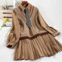 Spot parcel post Spring and Autumn New Preppy Style Suit Girls Korean Style Loose-Fitting Pleated Dress Knitted Vest Two-Piece Suit