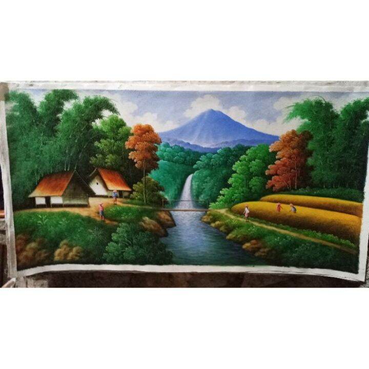 lukisan pemandangan alam lukisan air terjun lukisan kampung | Lazada