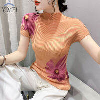 YIMEI เสื้อพิมพ์ลาย3D อารมณ์สำหรับผู้หญิงในการออกแบบแฟชั่นฤดูร้อน2023เพรียวบางและบางเสื้อยาวคอกึ่งสูงแขนสั้นเสื้อยืดดอกไม้ขนาดใหญ่