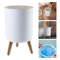 Creative Wooden Trash Can with Lid Press Garbage Rubbish Bin High Foot Waste Container Organizer Bathroom Kitchen X7XD