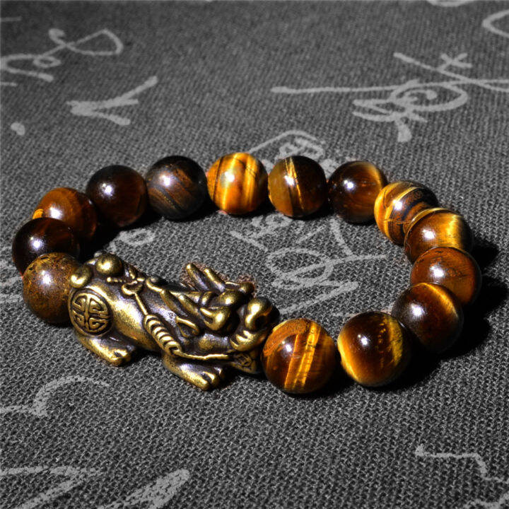 ทองแดง-pixiu-feng-shui-ของขวัญของแท้-tiger-eye-สร้อยข้อมือสำหรับชายและหญิง-handmade-good-amulet-หินธรรมชาติเครื่องประดับ10มม