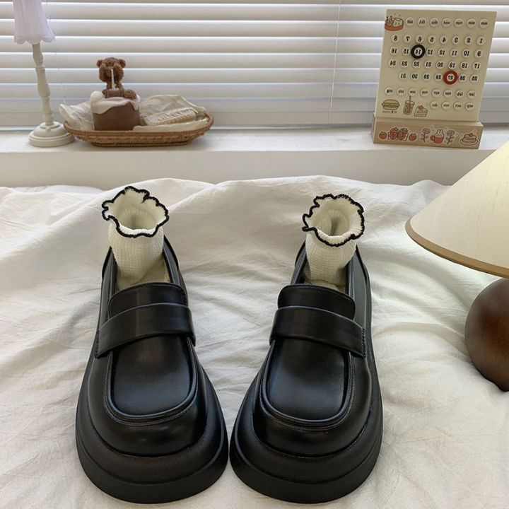รองเท้าโลฟเฟอร์พื้นหนารองเท้าหนังส้นตึกสีดำผู้หญิง-2023-รองเท้าหัวกลมสไตล์ญี่ปุ่นย้อนยุคสำหรับฤดูใบไม้ร่วงและฤดูหนาว