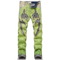 COOL New 2023 Summer Street Trendy Green Spider Web Letter Embroidered Elastic Free Mens Jeans Slim Fit Mid Rise Pants