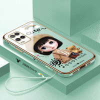 (คลังสินค้าพร้อม) เคสเคสมือถือสำหรับ OPPO A54 A54 2021พร้อมฟรีสายคล้อง + การ์ตูนสาวน่ารักชุบเคลือบขอบสี่เหลี่ยมฝาหลังนิ่ม