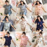 COD tjjs079 Female Comfy Silk Womens Pyjamas Short Sleeve V-neck Cartoon Sleepwear Pajamas for Women Baju Tidur Wholesale