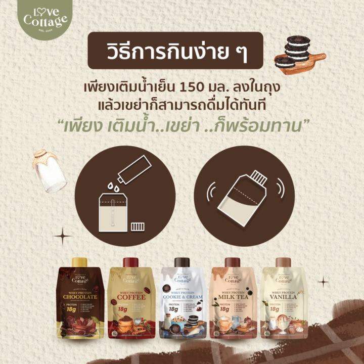 พร้อมส่ง-รสวนิลา-เวย์โปรตีนถุงเขย่าเจ้าแรกในไทย-อร่อยง่ายๆไม่ต้องพกขวดเชค-ละลายในน้ำเย็น-love-cottage-whey-protein