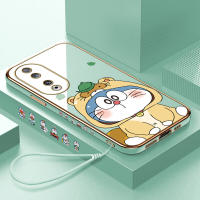 เคสสำหรับ Honor เคสโทรศัพท์90 5G 90 Lite 5G ฟรีสายคล้องน่ารักลายการ์ตูน Doraemn ขอบสี่เหลี่ยมหุ้มเคสโทรศัพท์ชุบหรูหราเคสโทรศัพท์นิ่ม