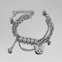 VIVILADY Cartoon Punk Titanium Steel Cat Reflective Pearl Steel Ball Double Chain Bracelet For Women And Men Jewelry Souvenir