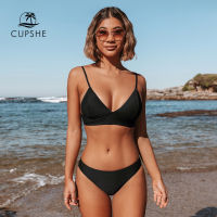 CUPSHE Ribbed Black Triangle Bikini Sets Swimsuit For Women y Low Waist Two Pieces Swimwear 2022 Summer Beach Bathing Suits