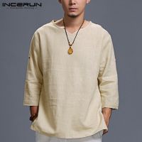 【Hot Sale】embellishembellish INCERUN ChineseMens เสื้อแขนยาวพับ V NeckTee เสื้อ LooseCotton TopsCamisas Masculina เสื้อผ้า