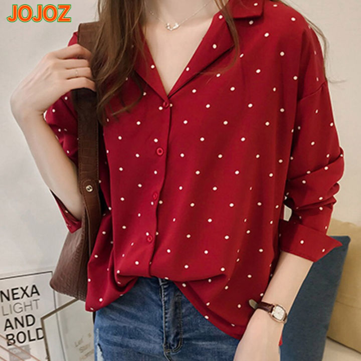 women-long-sleeves-lapel-t-shirt-casual-loose-polka-dot-tunic-tops-single-breasted-cardigan-chiffon-blouse