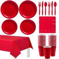 Pure Red Disposable Party Tableware ถ้วยจานวันเกิด Party Decor เด็กอุปกรณ์จัดงานแต่งงาน Christmas Party Supplies