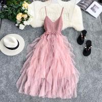 Fitaylor New Women Tulle Dress Summer Mesh Dress High Waist Hem Asymmetrical Pleated Fairy Dress Female Slim Mesh Dresses