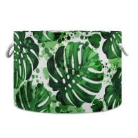 Tropical Palm Leaves Print Round Toy Storage Basket Box High Capacity Foldable Sundries Storage Bucket With Cotton Rope Handle