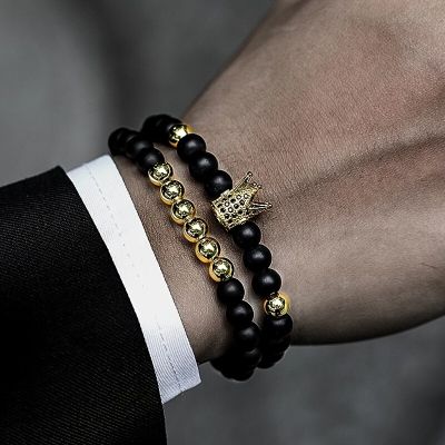 2PCS Gold-Color Black Natural Stone Bead Bracelet For Men Classic Fashion Crown Black Stone Bead Bracelet Set Jewelry Gift