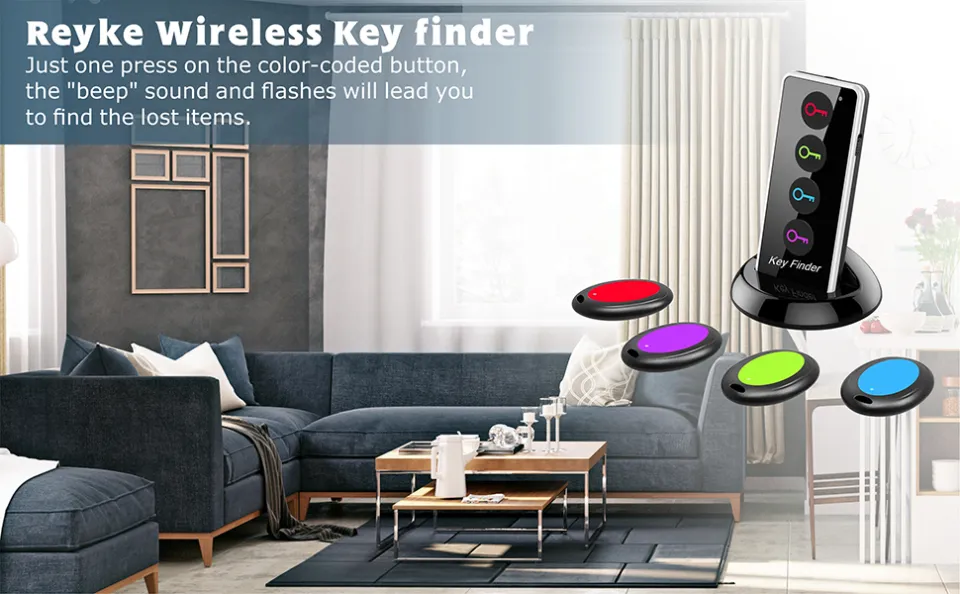 Reyke Key Finder, 80dB+ RF Item Locator Tags with 131ft. Working Range,  Wireless Remote Finder Key Finder Locator for Finding Wallet Key Phone  Glasses