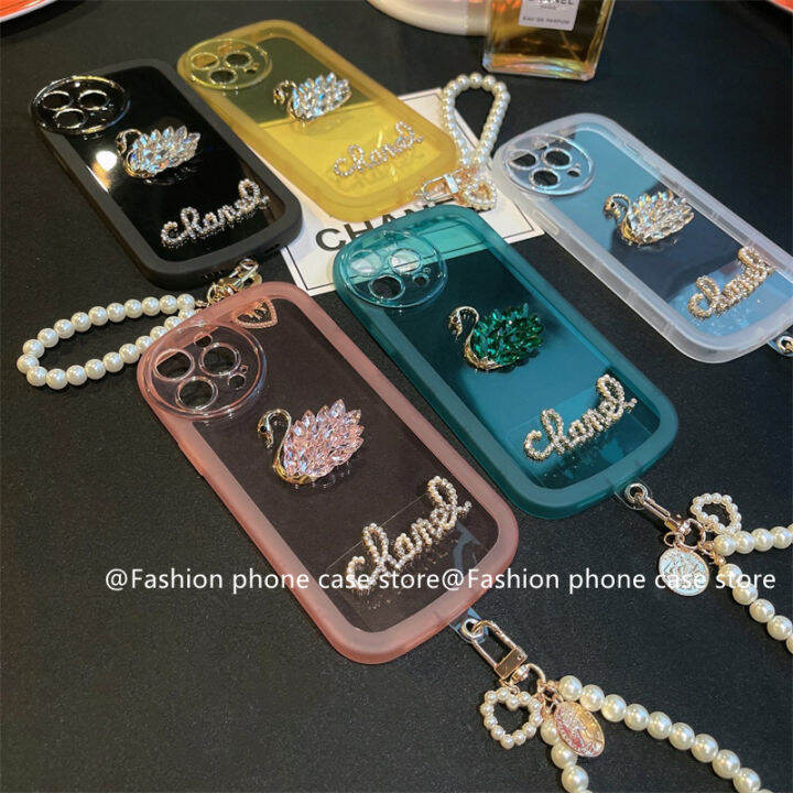 เคส-oppo-a57-a77-a76-a96-a95-a16-a16k-a16e-4g-5g-case-หรูหรา-rhinestone-swan-pearl-lanyard-ปลอกเลนส์สีใสนุ่ม2022