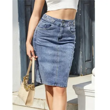 Elastic waist denim outlet pencil skirt