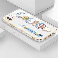 YIWESAN สำหรับ Realme C20 C20A Narzo 50i C11 2021กรณีการ์ตูนน่ารักแมว Doraemon ด้านข้างออกแบบโทรศัพท์กรณีขอบสแควร์รูปแบบซิลิโคน Softcase หรูหราชุบ Full กล้องกันกระแทกป้องกันกรณี