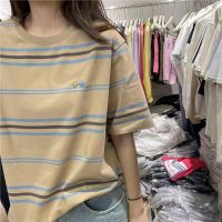 ZH SHOP 3017# เสื้อยืดแฟชั่นผู้หญิง ลายปักหัวใจ หลวมใส่สบาย ลายริ้ว น่ารักๆ