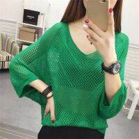 ☎☍ Sexy Women Knitted Pullover Mesh Hollow Top Female Spring Summer Fashion Bat Sleeve V-Neck Loose Ladies Thin Clothes Tide G1144