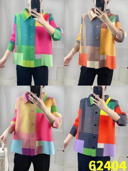 เสื้อสตรีแบบจีบ-miyake-กับแขน3-4คลุมท้องสำหรับ62404เสื้อกระดุมแถวเดียวกระชับสัดส่วน