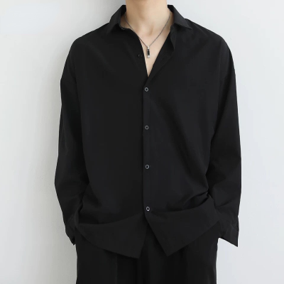 New Black Shirts Mens Long-sleeve Shirt Korean Trendy Button Up Shirt Handsome White Uniform Tops Spring Autumn Casual Men Top