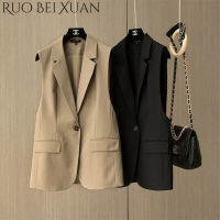 Ruo Bei Xuan เสื้อกั๊กแฟชั่นสไตล์เกาหลีแบบใหม่ผู้หญิง,เสื้อกั๊กชุดสูทชุดแขนกุด Rompi Kerah