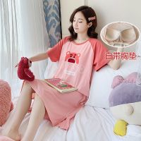 ₪☄❀ Pajamas with chest pad women summer cotton short-sleeved pajamas womens summer spring and autumn long knee-free underwear home service