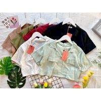 TD CHIC SHOP - Linen Shirt เสื้อครอปเชิ้ต คอฮาวาย เอวลอย ผ้าลินินสีพื้น