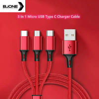 BJONE สายชาร์จ USB 3 In 1 Type C,สายชาร์จไมโคร Usb หลายพอร์ต1.2เมตรสำหรับ Iphone 13 Pro Max Samsung Xiaomi Huawei Oppo