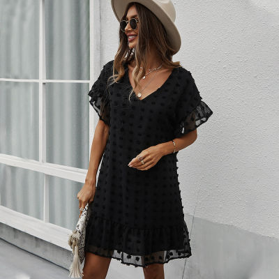 Sexy V Neck Short Dress Women Casual Solid Hairball Black Dresses For Laddies Spring Summer Holiday Style Dress 2022 New