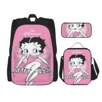 Betty Boop กระเป๋าเป้เด็กผู้ชายและเด็กหญิงกระเป๋านักเรียนชุดกระเป๋าสะพายกับกล่องดินสอและกระเป๋าใส่ข้าวกลางวันชุดสูทสามชิ้น