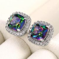 CAOSHI Exquisite Rainbow Crystal Stone Stud Earrings for Women Square Shape Trendy Engagement Accessories Jewelry Daily Wearable