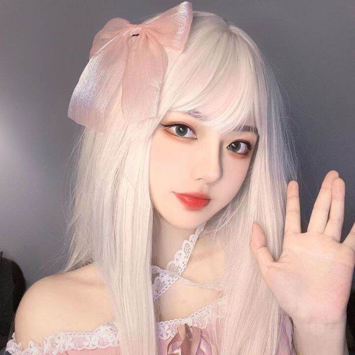 Lolita Full Head Long Straight Wig For Women White Colorful Cosplay Synthetic Hair Wig With See-Through Bangs Lolita Full Head Long Straight Wig For Women White Colorful Cosplay Synthetic Hair Wig With See-Through Bangs